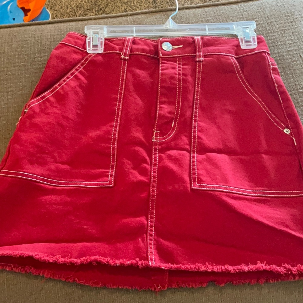 Red denim mini skirt
